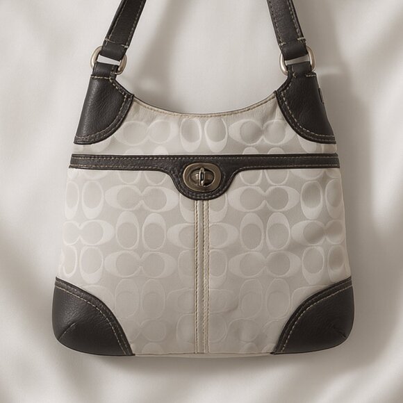 Coach Handbags - Women's Coach Grey Canvas Bag – Black Leather Trim Shoulder Purse with Turnlock